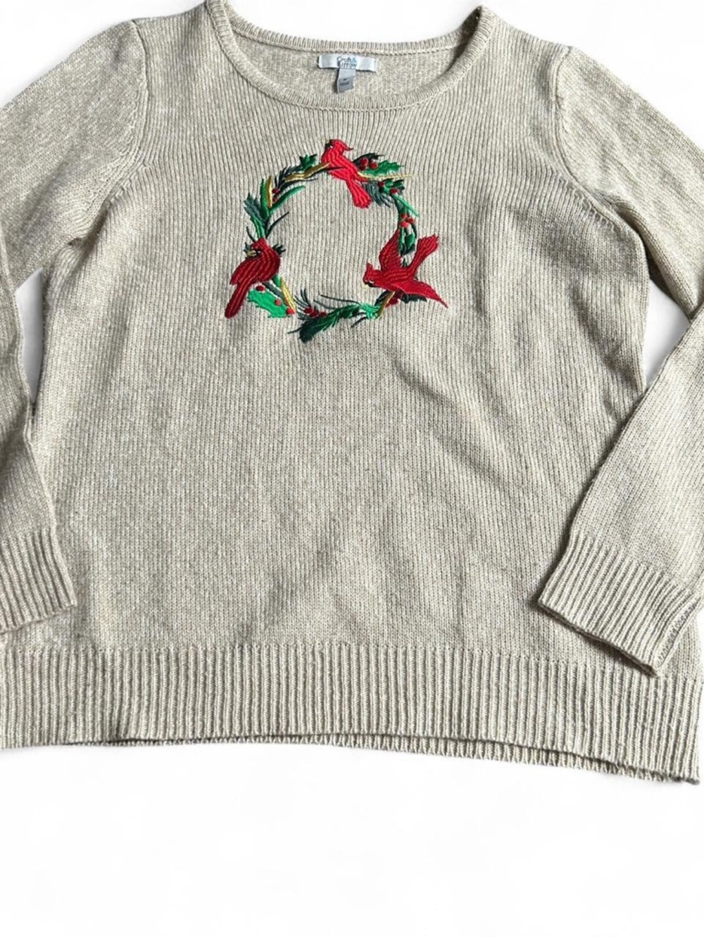 croft & barrow Beige Crewneck Sweater with Red Cardinal Wreath